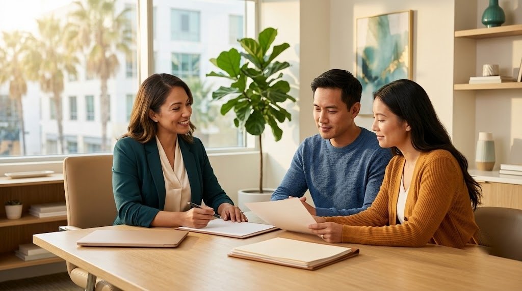 A couple reviewing the home buying process with an advisor in California