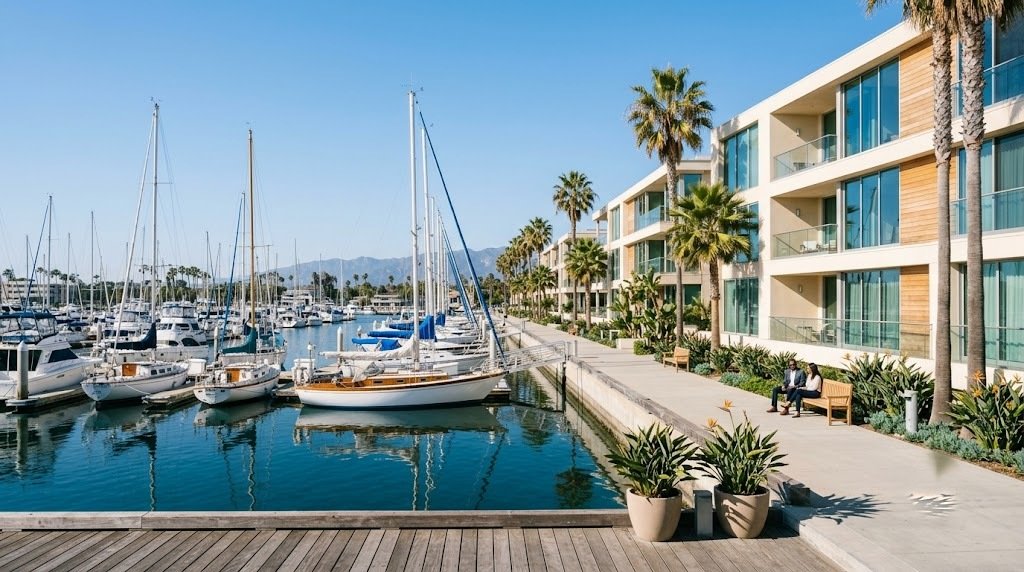 A couple along the Marina del Rey waterfront near modern coastal condos