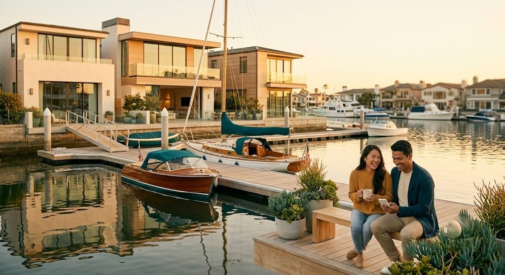 A couple beside a Newport Beach harbor home at golden hour