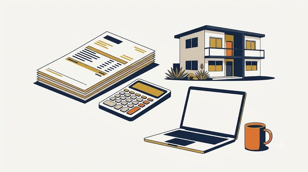 Illustration of bank statements, a calculator, and a laptop, representing a bank statement loan for self-employed borrowers
