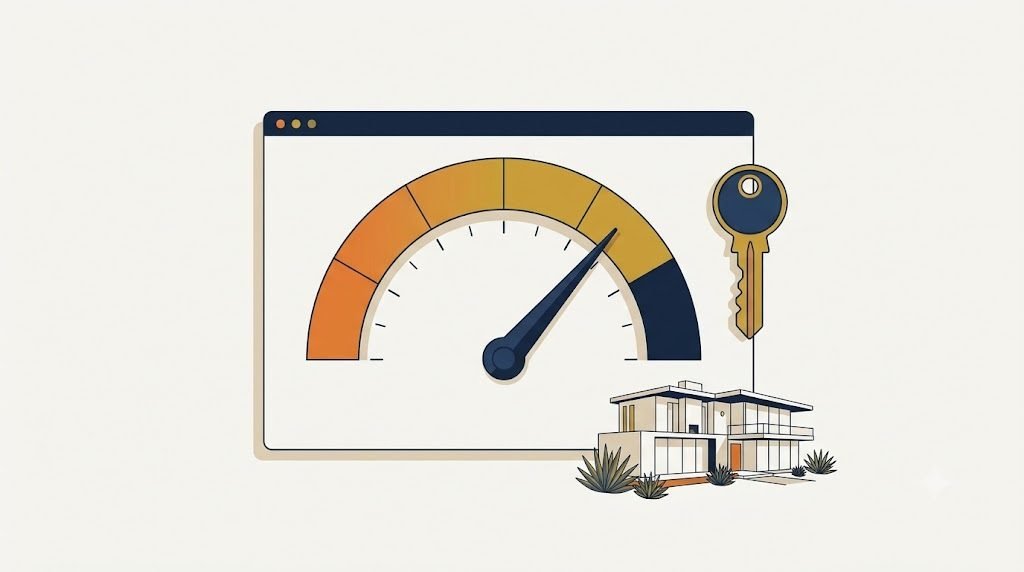 Illustration of a credit-score gauge and house key, representing the credit score needed to buy a house in California