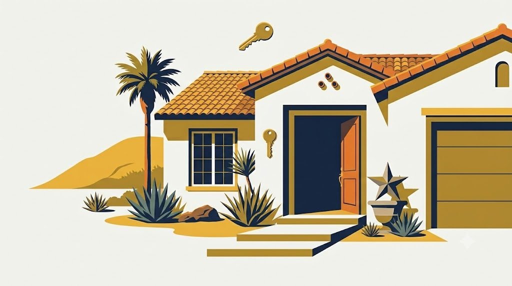 Illustration of a California starter home with a key, representing a low-down-payment FHA loan