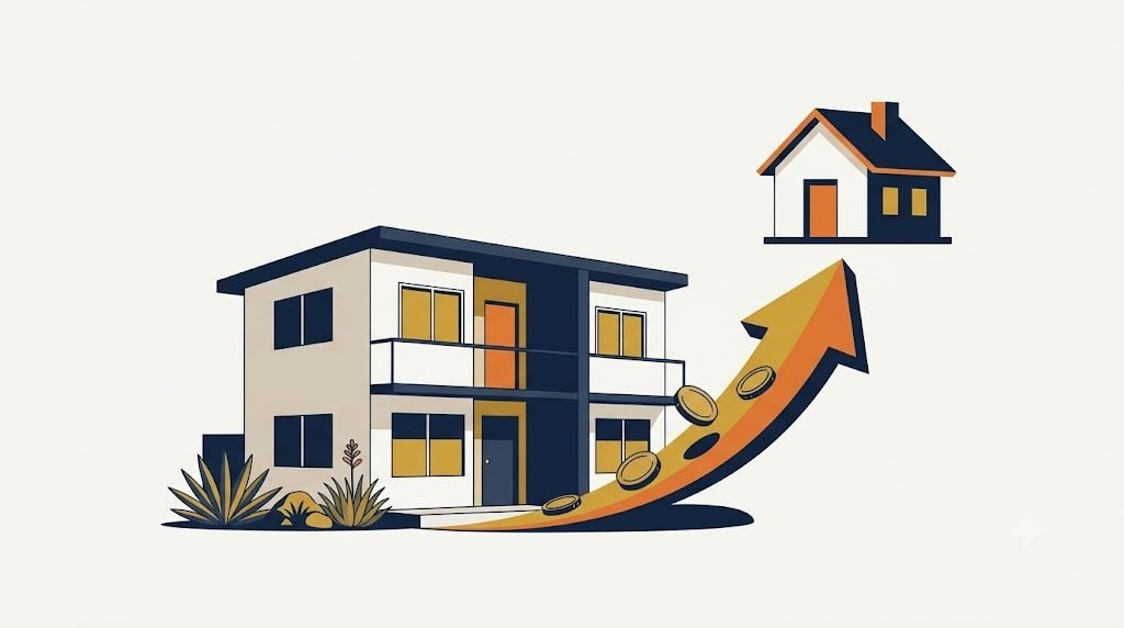 Illustration of a California rental duplex with rising cash flow, representing a DSCR loan that qualifies on rental income