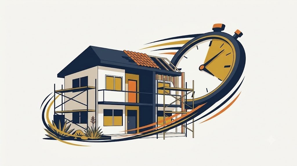 Illustration of a California home under renovation beside a stopwatch, representing fast hard money loan funding