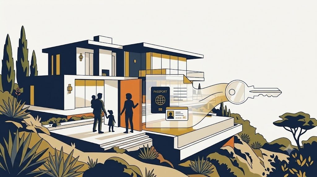 Illustration of a family at a California home with a passport and key, representing an ITIN mortgage without an SSN