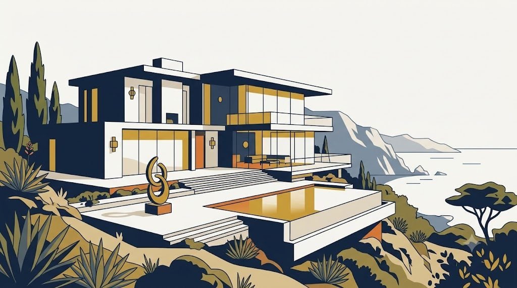 Illustration of a luxury California coastal home, representing a jumbo loan