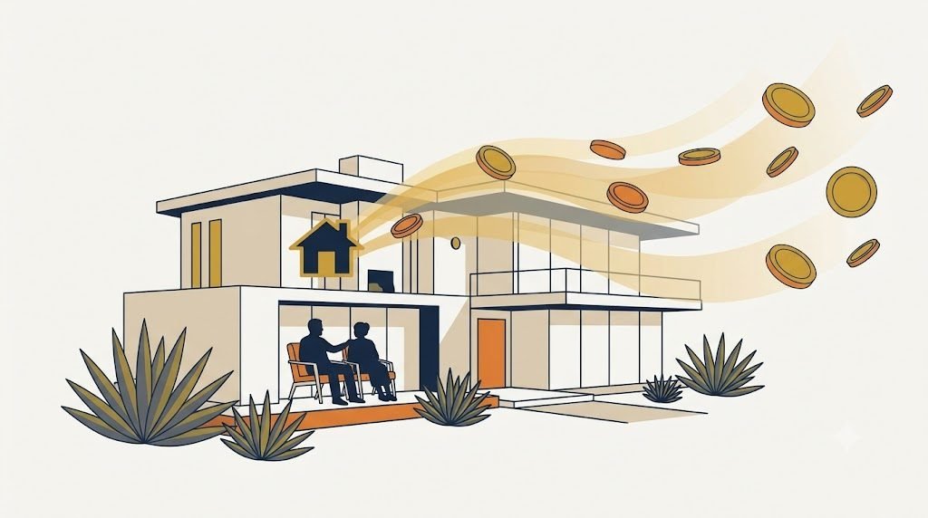 Illustration of a couple on a California home porch with home equity converting to coins, representing a reverse mortgage