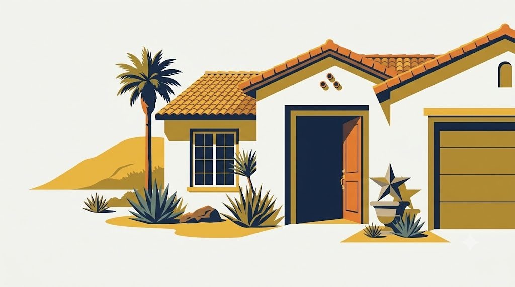 Illustration of a California home with an open door and star motif, representing a zero-down VA loan