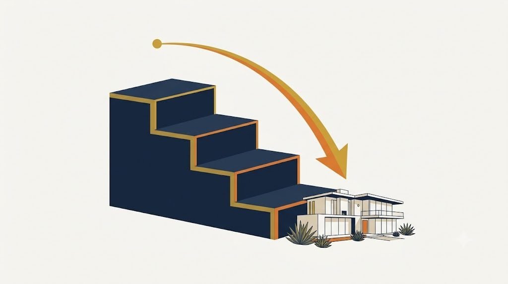 Illustration of a descending staircase and falling rate arrow, representing a 2-1 mortgage rate buydown